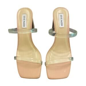 Steve Madden Lilah Clear Square Toe Strap Block Heels Nude Sandals Sz 9